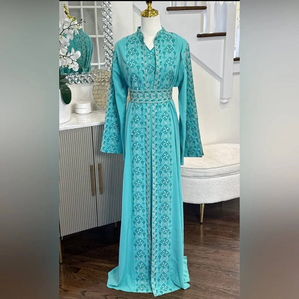 Halakeeya 3 Pcs Elagant Tatreez Embroidered Turquoise Thobe kuftan Dress - Picture 2 of 3